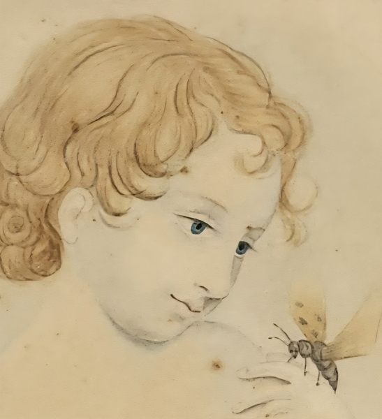 Antique Folk Portrait of Young Girl & Insect