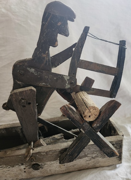 **Antq. Folk Art Black Man Sawing w/Bird Whirligig