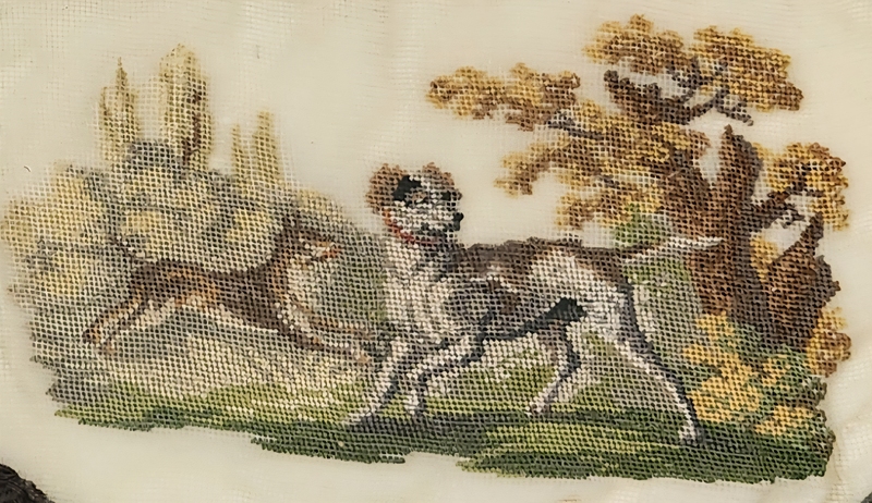 **19th C. Framed French Petit Point of Hunting Dog