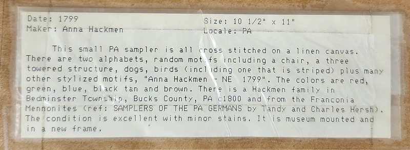 Dtd. 1799 PA. Anna Hackman Sampler w/Provenance