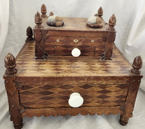 **Antique Harlequin Design 2 Tier Sewing Stand