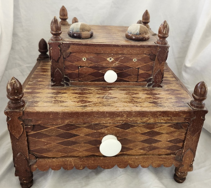 **Antique Harlequin Design 2 Tier Sewing Stand