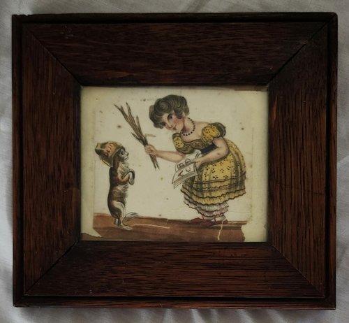 **Antq. Folk Portrait of Girl & "Dunce" Dog w/Prov