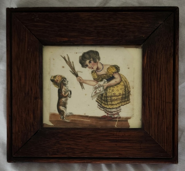 **Antq. Folk Portrait of Girl & "Dunce" Dog w/Prov