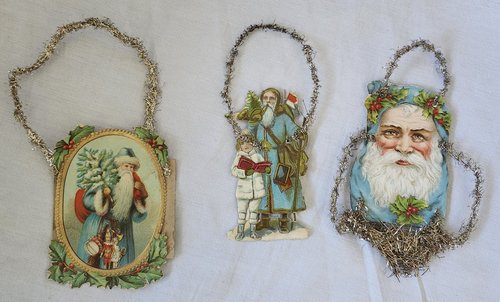 3 Antique Blue Santa Scrap Tinsel Xmas Ornament