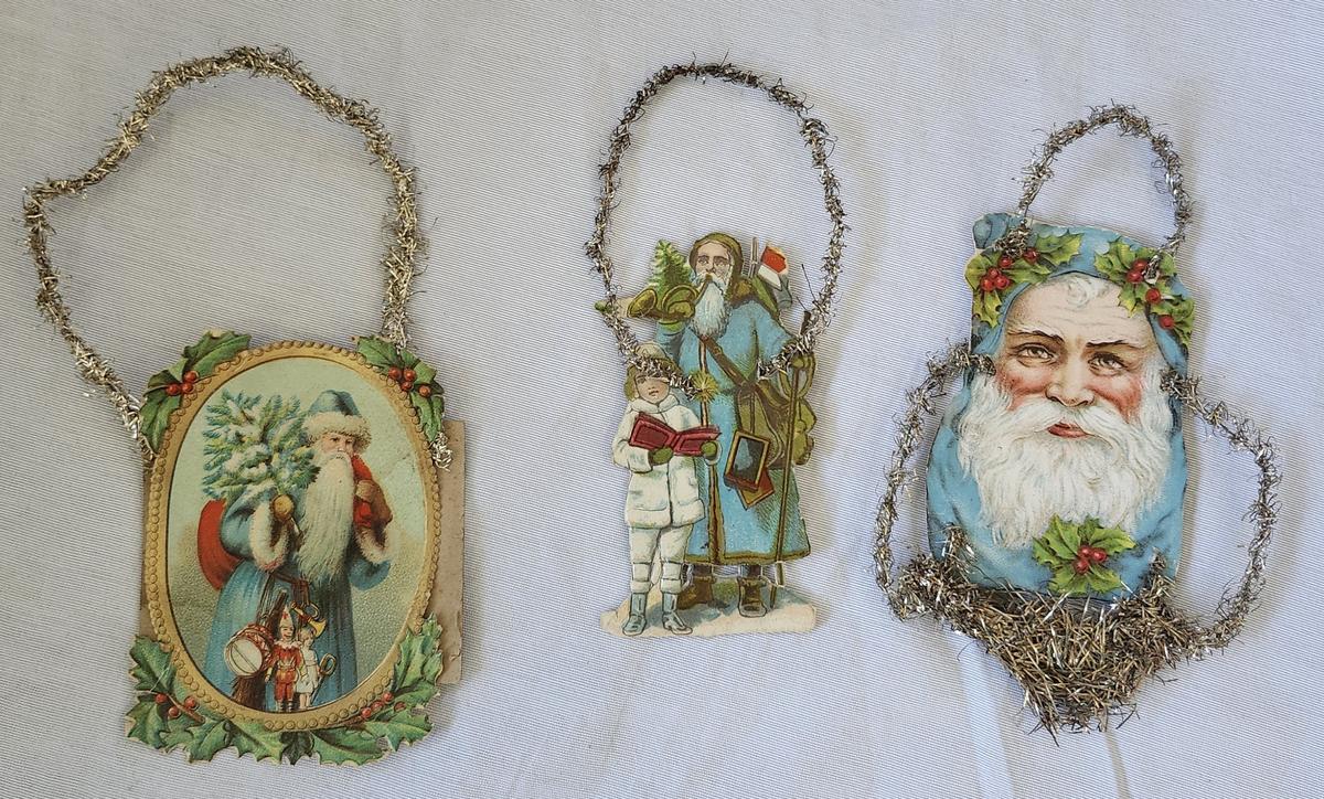 3 Antique Blue Santa Scrap Tinsel Xmas Ornament
