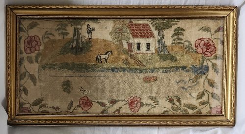 Late 18th Early 19th C. Sampler-Man, House, Horse