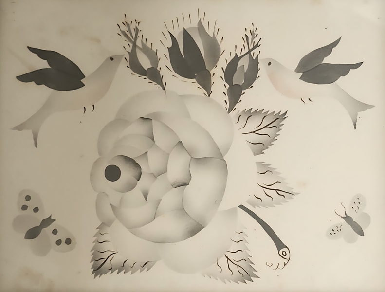 **Antique Folk Art Rose & Doves Theorem Painting