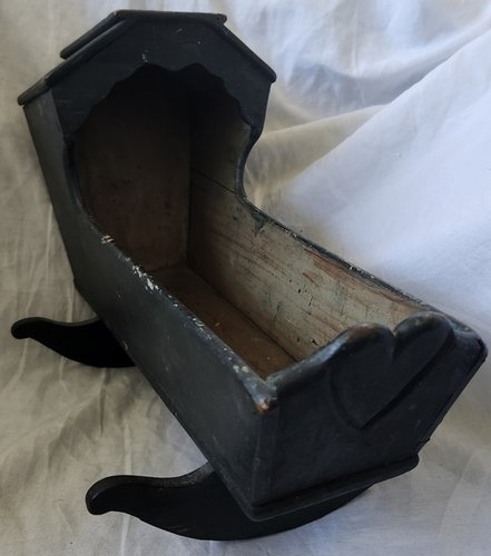 Ca. 1880 Indigo Blur Doll Cradle w/Carved Hearts