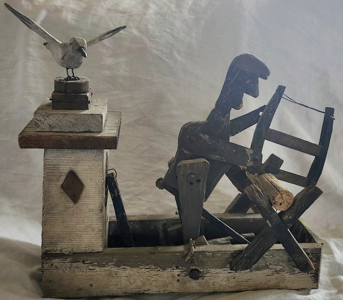 **Antq. Folk Art Black Man Sawing w/Bird Whirligig