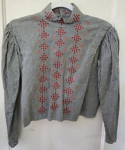 Antique Blue Checked Lady's Blouse w/Embroidery