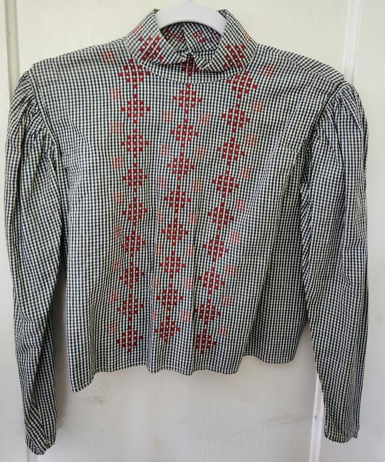 Antique Blue Checked Lady's Blouse w/Embroidery