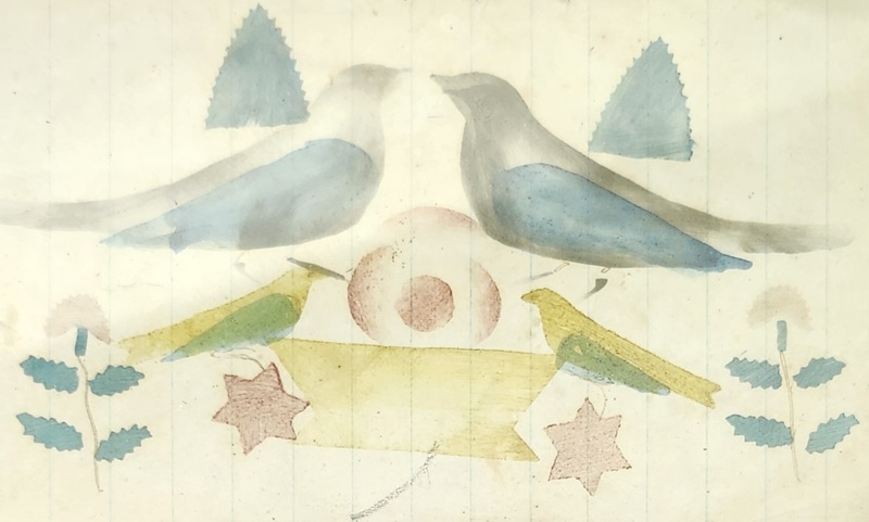 Antique Folk Art Fraktur of Birds, Flowers, Stars