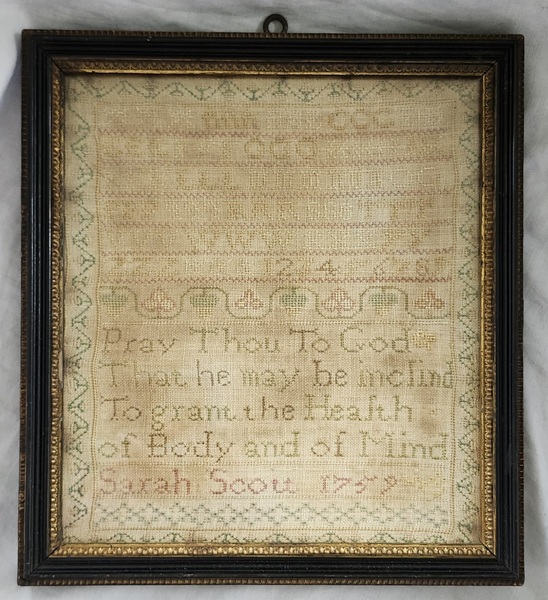 Sgnd. 1759 Silk on Linen Sampler w/Religious Poem