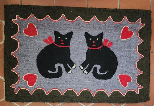 **Vintage PA. Folk Art Cats & Hearts Hooked Rug