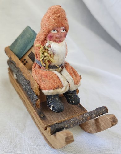Antique German Santa in Sleigh w/Putz House