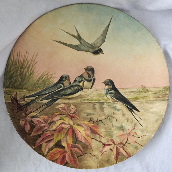 19th C. Painting of Swallows on Papier Mache Plate