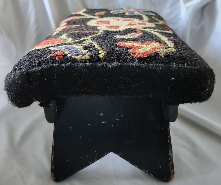 Antique Primitive Footstool w/Floral Hooked Top