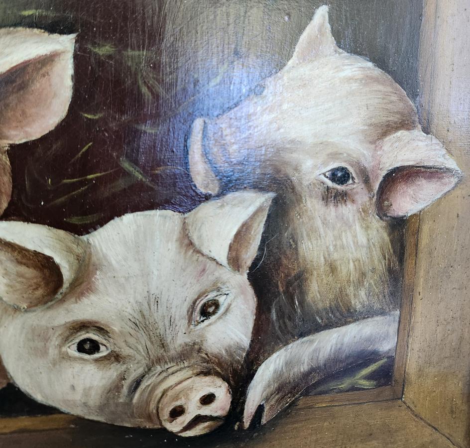 Vintage Folk Art Painting of 5 Piglets