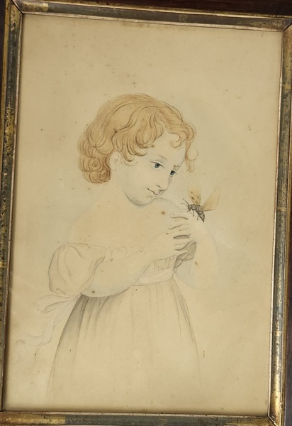 Antique Folk Portrait of Young Girl & Insect