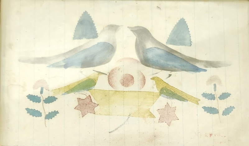 Antique Folk Art Fraktur of Birds, Flowers, Stars