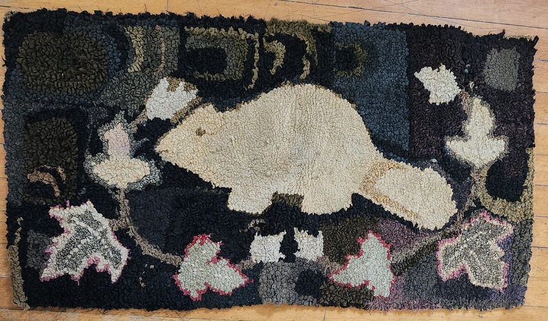 **Antique Canadian Folk Art Beaver Hooked Rug