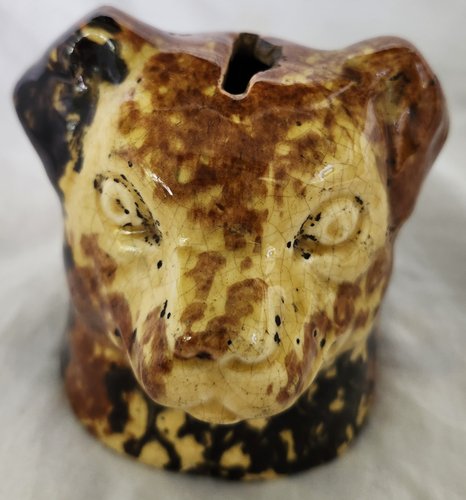 Antique Sponged Yellowware Dog Head Bank
