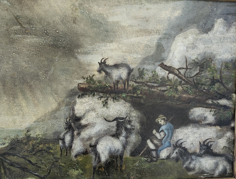 Antique Folk Art Oil Painting of Goatherd & Goats