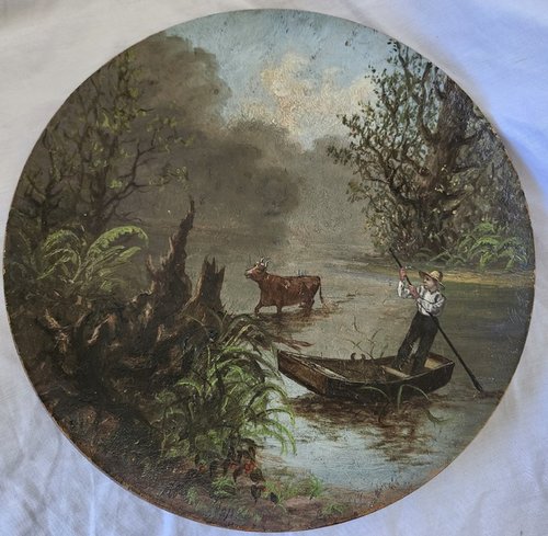 Antq. Painting on Maple Plate w/Scene of Boy & Cow