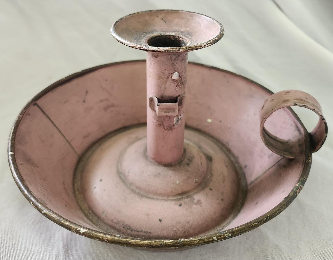 Antq. PA. Tin Push-Up Candlestick in Orig. Pink