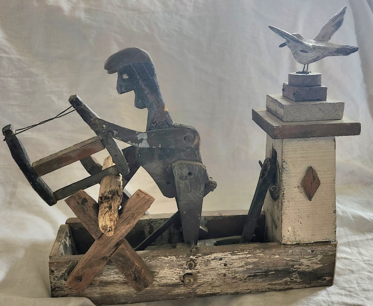 **Antq. Folk Art Black Man Sawing w/Bird Whirligig