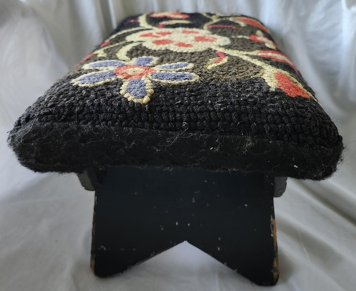 Antique Primitive Footstool w/Floral Hooked Top