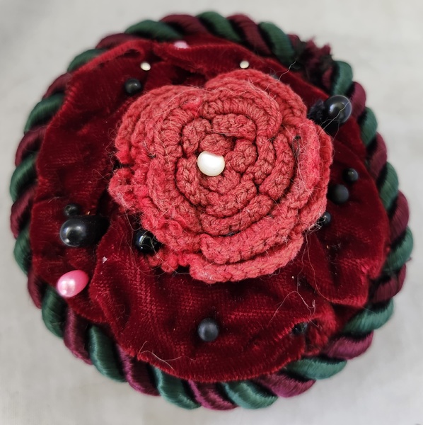 Antique Pin Cushion w/Crocheted Flower Ex Booth