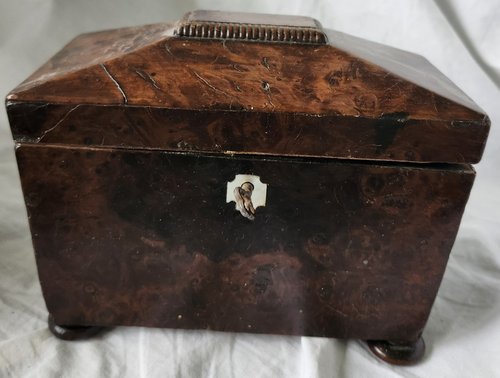 Antique Burl Veneer Tea Caddy w/Working Orig. Key