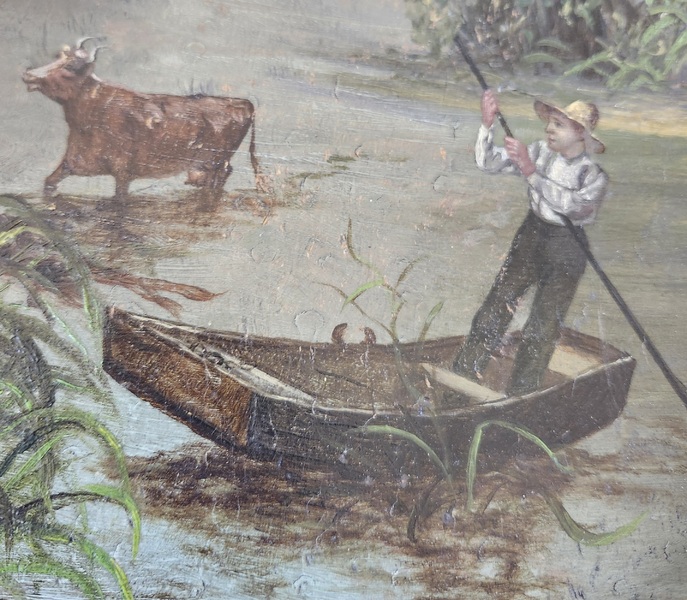 Antq. Painting on Maple Plate w/Scene of Boy & Cow
