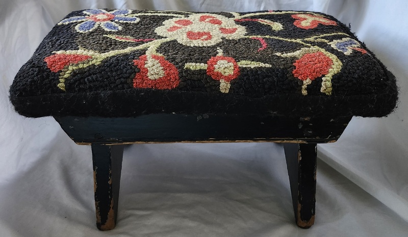 Antique Primitive Footstool w/Floral Hooked Top