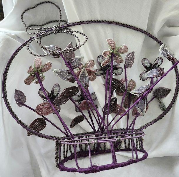 **French Victorian Folk Art Beaded Flower Basket