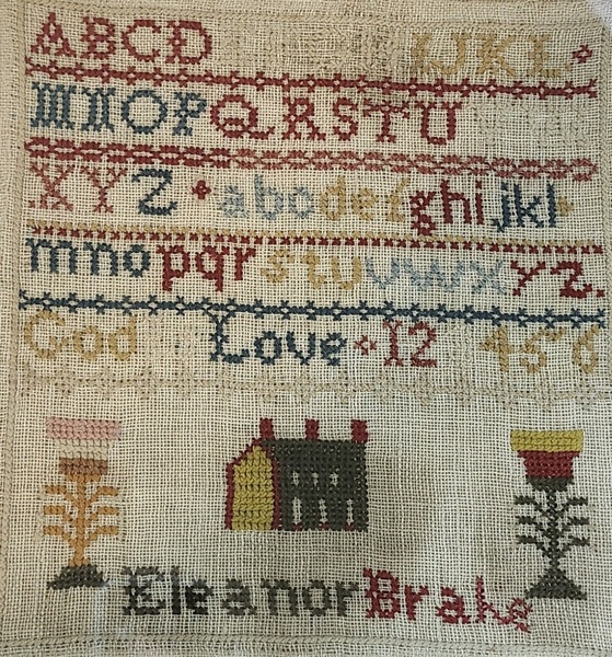 Small 19th C. Folk Art Sampler w/House, Tulips