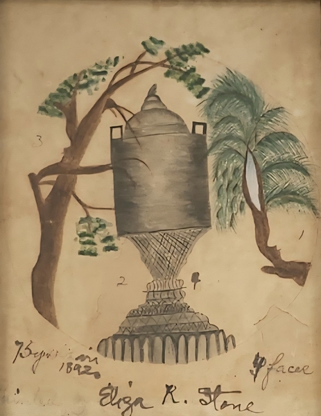 **1892 Folk Art Memorial Painting w/4 Silhouettes