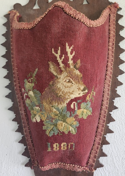 **Antq. 1880 Victorian Folk Art Wall Pocket w/Stag