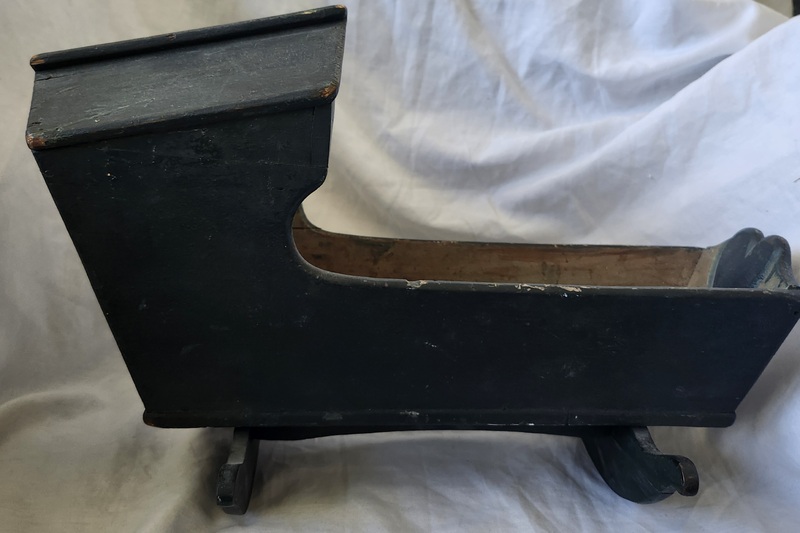 Ca. 1880 Indigo Blur Doll Cradle w/Carved Hearts