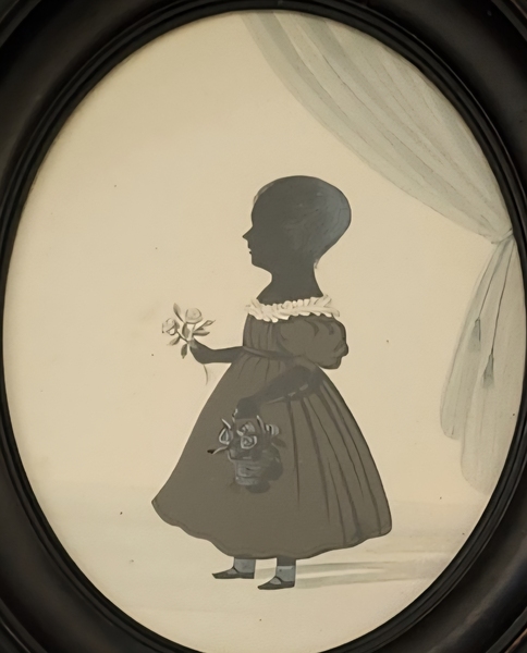 **19th C. Silhouette of Child w/Basket of Roses