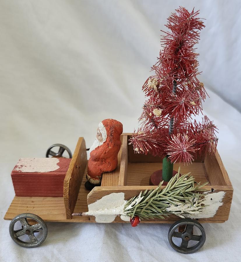 Antique German Santa in Truck w/Red Xmas Tree
