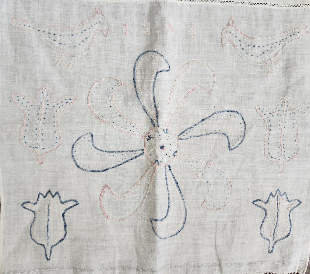 Dtd.1834 PA. Show Towel w/Ladies, Birds, Tulips