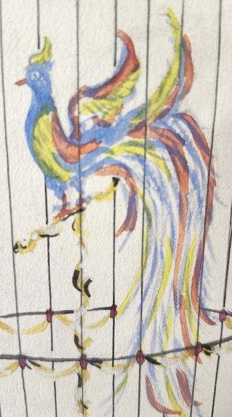 Vintage Folk Art Watercolor of Exotic Bird in Cage