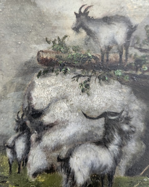 Antique Folk Art Oil Painting of Goatherd & Goats