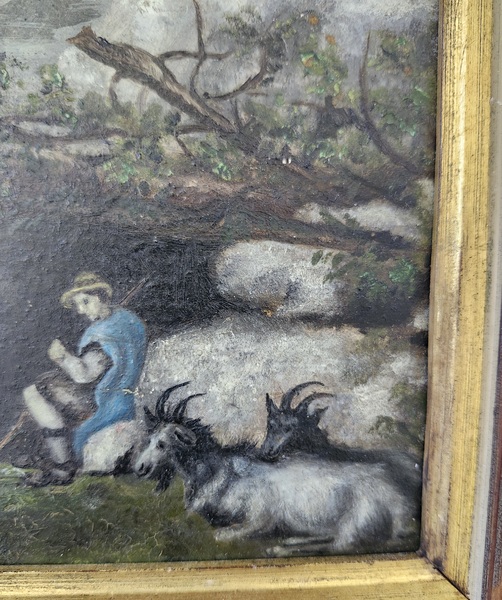 Antique Folk Art Oil Painting of Goatherd & Goats