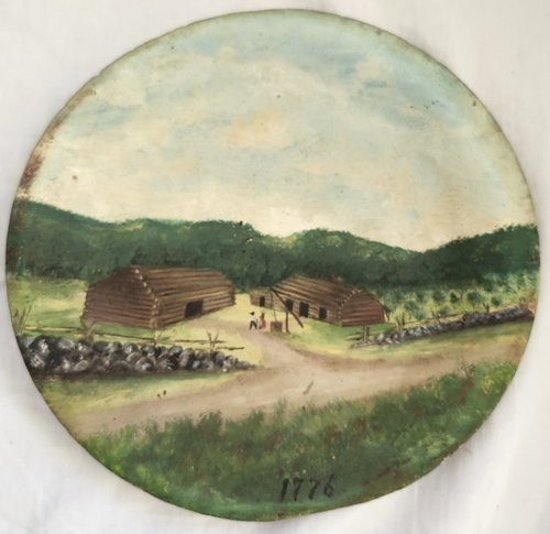 **19th C. Wood Plate w/ Folk Art Farm Scene