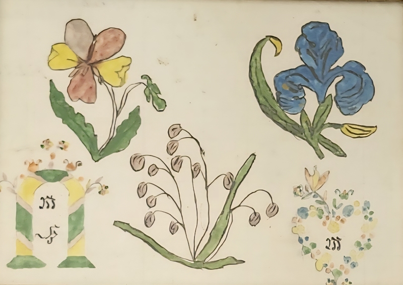 Antique Folk Art Watercolor Endearment of Flowers