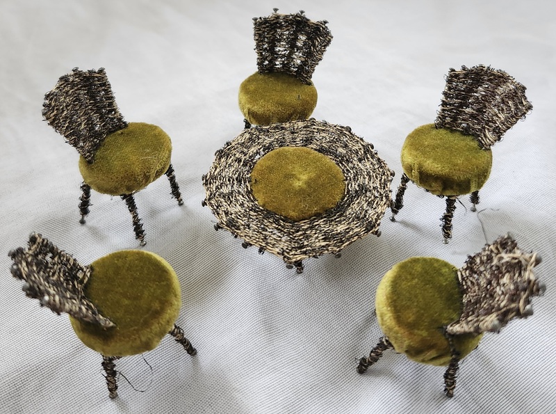 9 Pcs. Antq. Folk Art Wire & Velvet Doll Furniture
